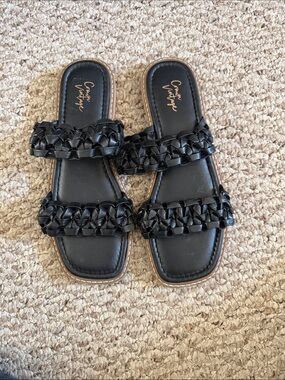 Crown Vintage Black Braided Double-Strap Slide Sandals